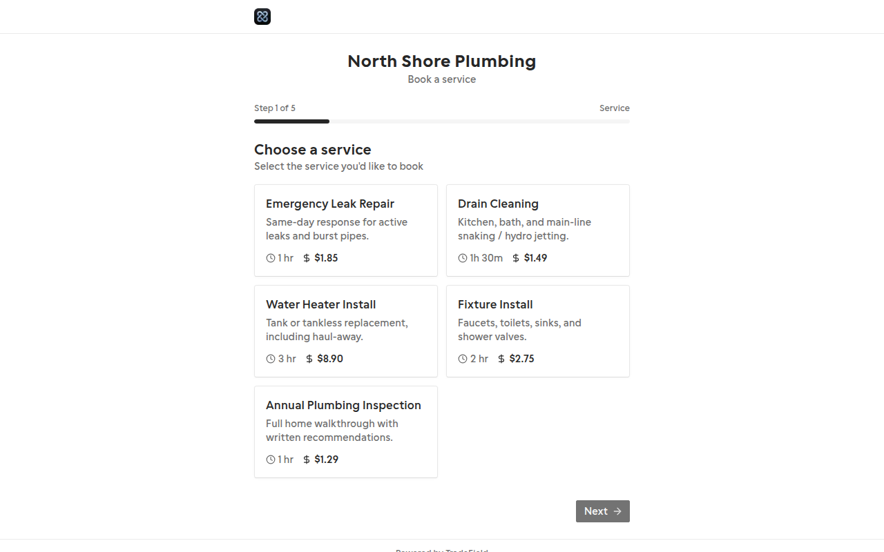 Public booking page with service and time selection
