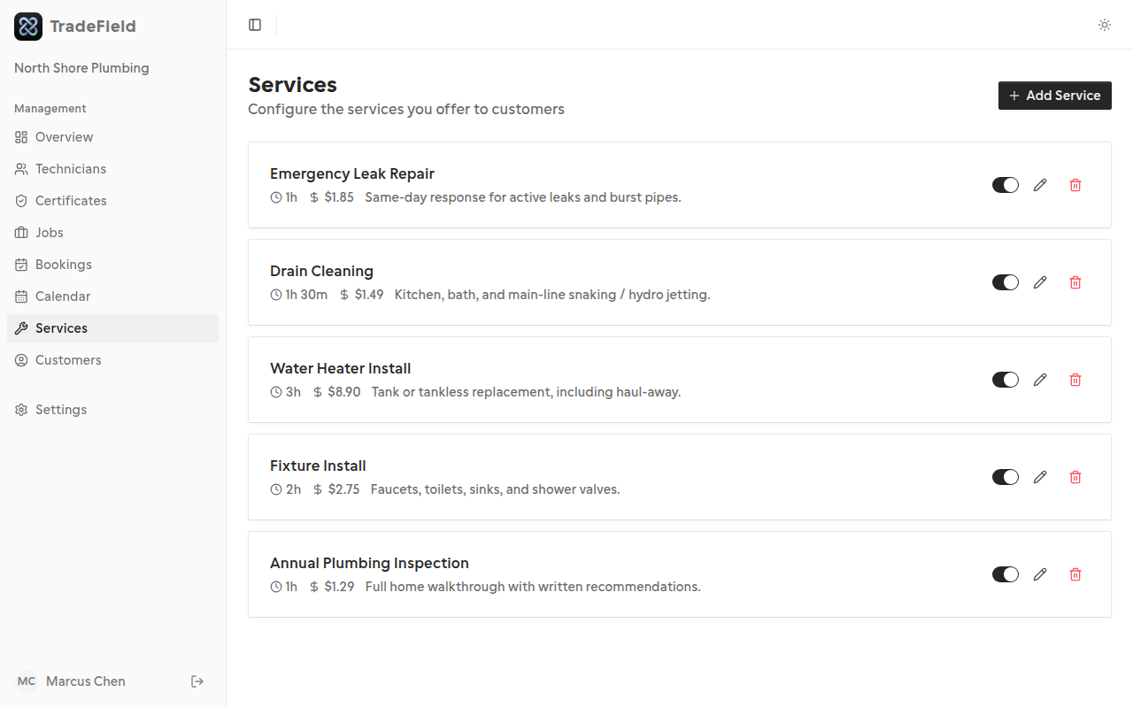 TradeField services page listing company services