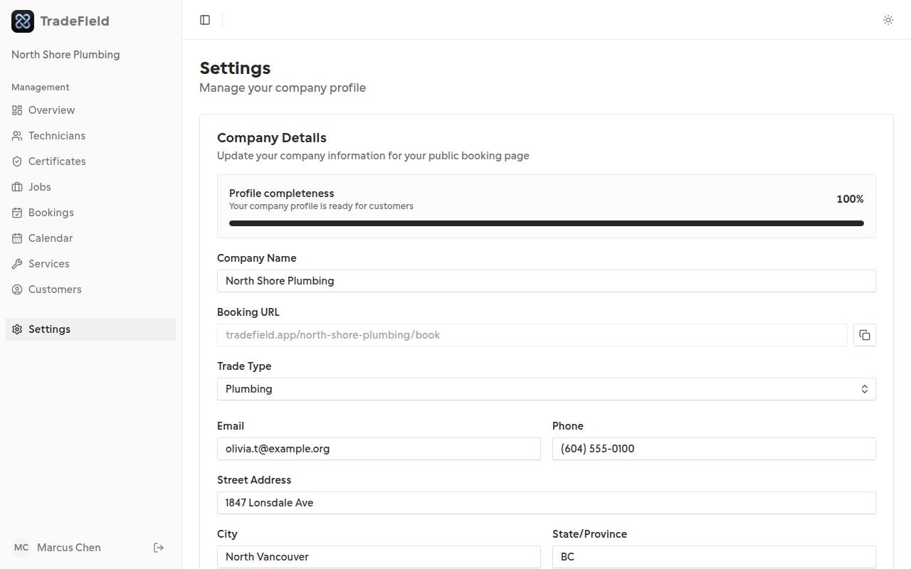Company settings showing booking slug and profile